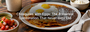 Plate of chilaquiles with sunny-side-up eggs, refried beans, queso fresco, salsa, and coffee on a rustic wooden breakfast table.
