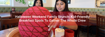 Two women enjoy a giant pink concha pastry at a restaurant during a family breakfast outing.