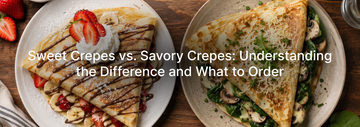 Sweet and savory crepes served with a variety of fillings including fruits, chocolate, cheese, eggs, and vegetables on a café-style table setting.