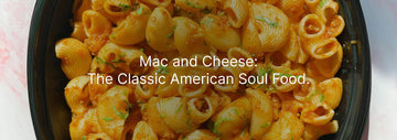 Close-up of creamy mac and cheese shell pasta in a black bowl, with text overlay reading “Mac and Cheese: The Classic American Soul Food.”
