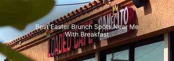 Exterior of a café with a “Loaded Cafe” sign and overlay text reading “Best Easter Brunch Spots Near Me With Breakfast