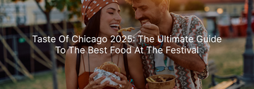 Couple enjoying food at the Taste of Chicago 2025 festival, sharing a burger and a dish, captured in a vibrant and joyful moment