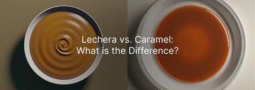 image showing two bowls, left with thick swirled dulce de leche and right with smooth caramel sauce, with the text “Lechera vs. Caramel: What is the Difference?”