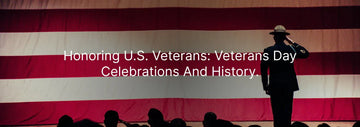 Silhouette of a U.S. service member saluting in front of a large American flag, with the text ‘Honoring U.S. Veterans: Veterans Day Celebrations And History.’