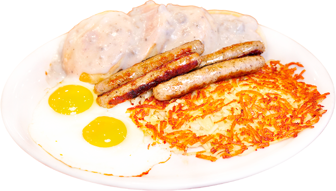 Plate of classic breakfast featuring two sunny side up eggs, crispy hash browns, sausage links, and creamy country gravy with biscuits.