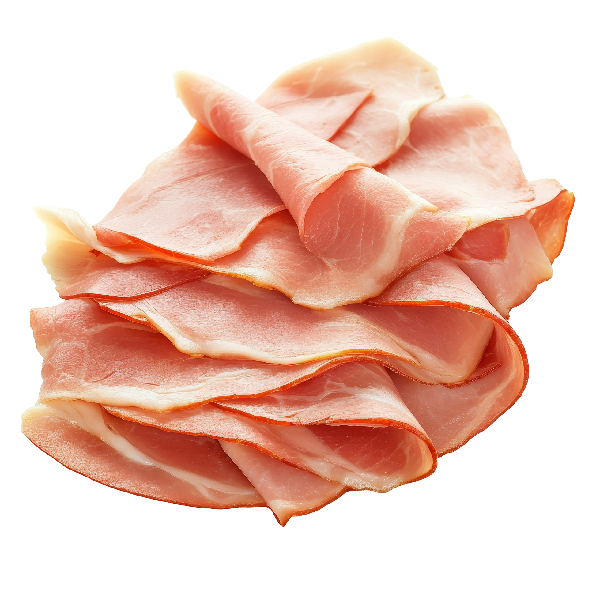 Slices of fresh, pink ham arranged in a stack with soft folds, isolated on a black background.