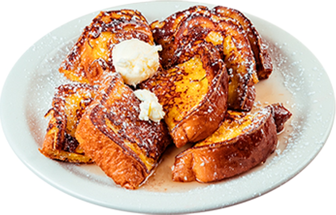 Plate of delicious French toast slices topped with butter and powdered sugar, drizzled with syrup. Perfect for a breakfast or brunch dish.