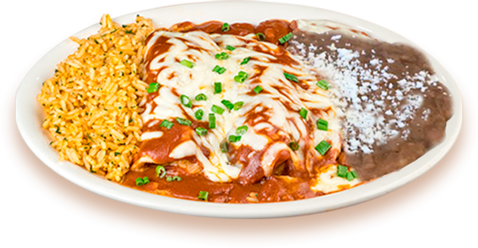 A plate of enchiladas covered in red sauce and melted cheese, garnished with chopped green onions. It is served alongside a portion of Mexican rice and refried beans with a sprinkle of cheese on top.
