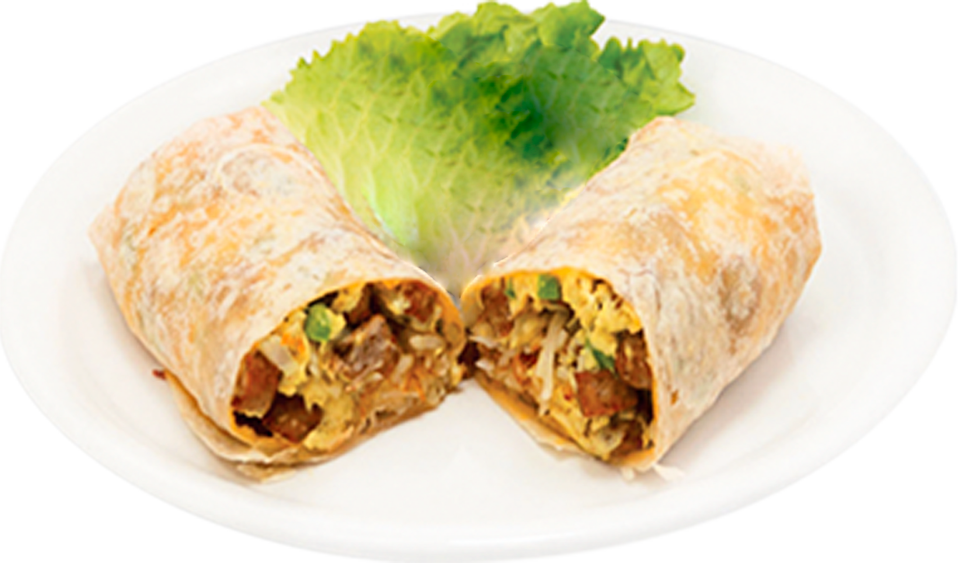 A breakfast burrito filled with scrambled eggs, sausage, and vegetables, wrapped in a flour tortilla, served with a garnish of fresh lettuce on a white plate.