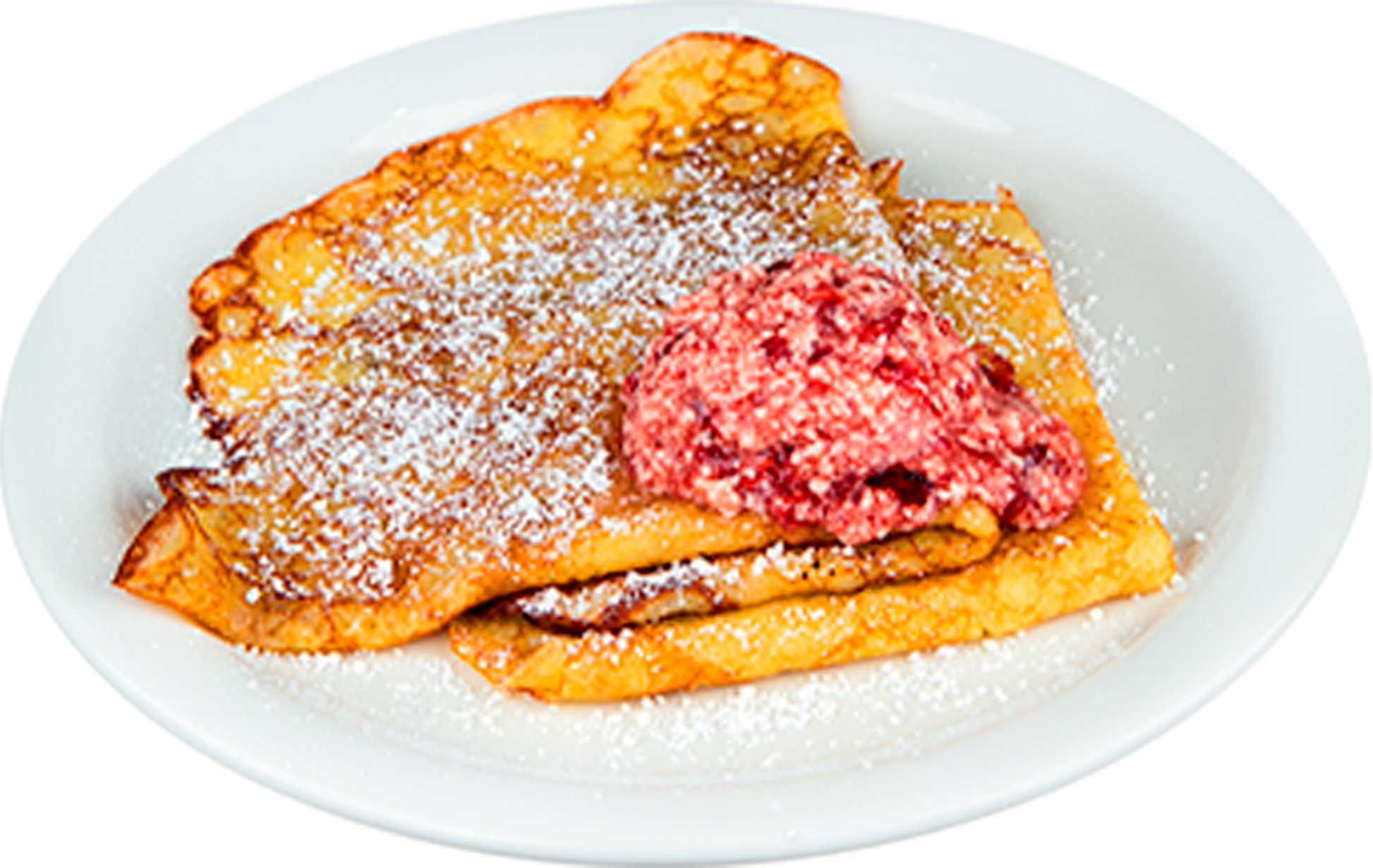 Plate of Swedish crepes dusted with powdered sugar and topped with a dollop of raspberry cream.