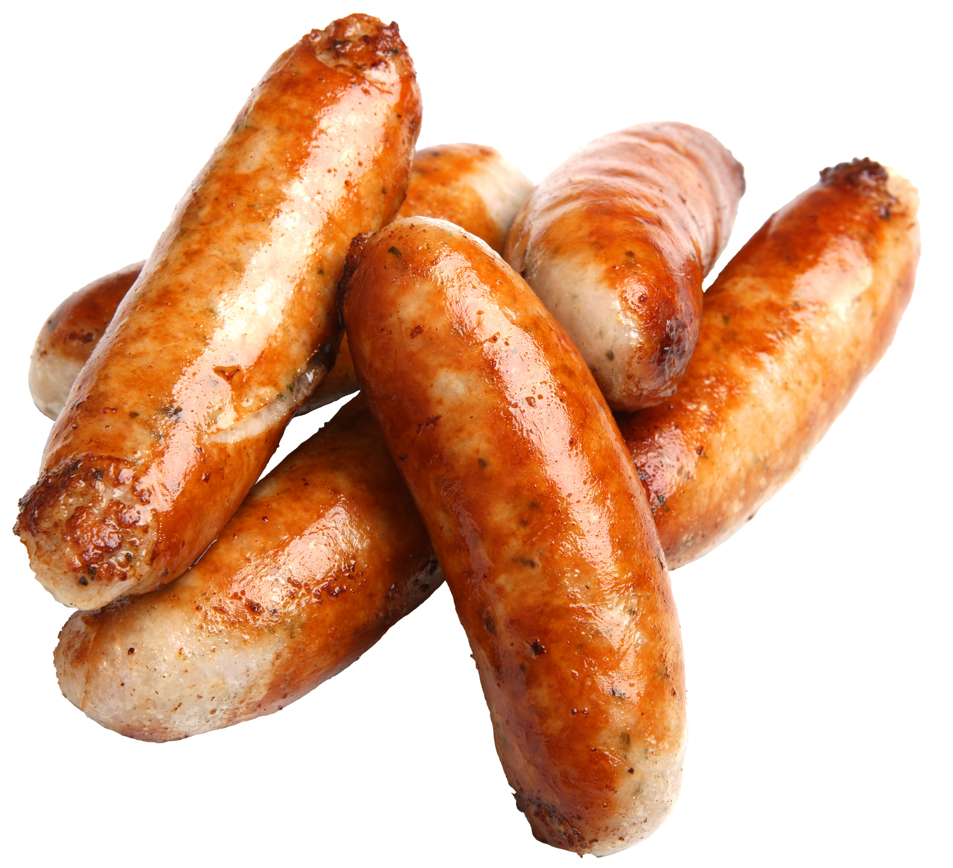 Close-up of several golden-brown cooked turkey sausages, with a crispy exterior, arranged together on a black background.