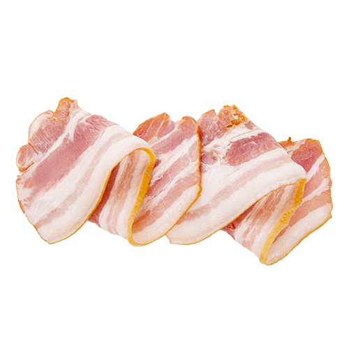 Four slices of turkey bacon arranged neatly, showcasing the layers of lean meat and fat with a crispy texture, ideal for breakfast or as an ingredient in various dishes.