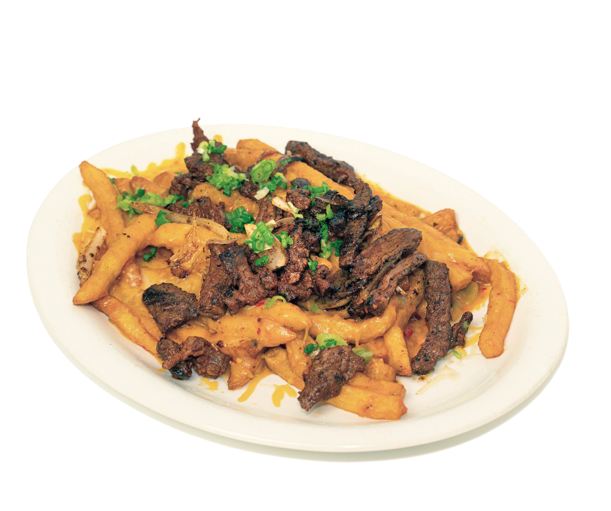 A plate of loaded asada fries topped with grilled beef, melted cheese, and garnished with fresh chopped green onions, served on a white plate.